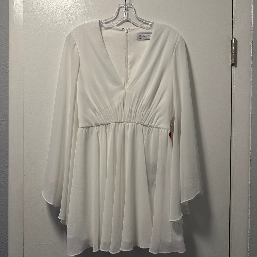 Mac Duggal Solid Flowy V Neck Illusion Sleeve Mini Dress